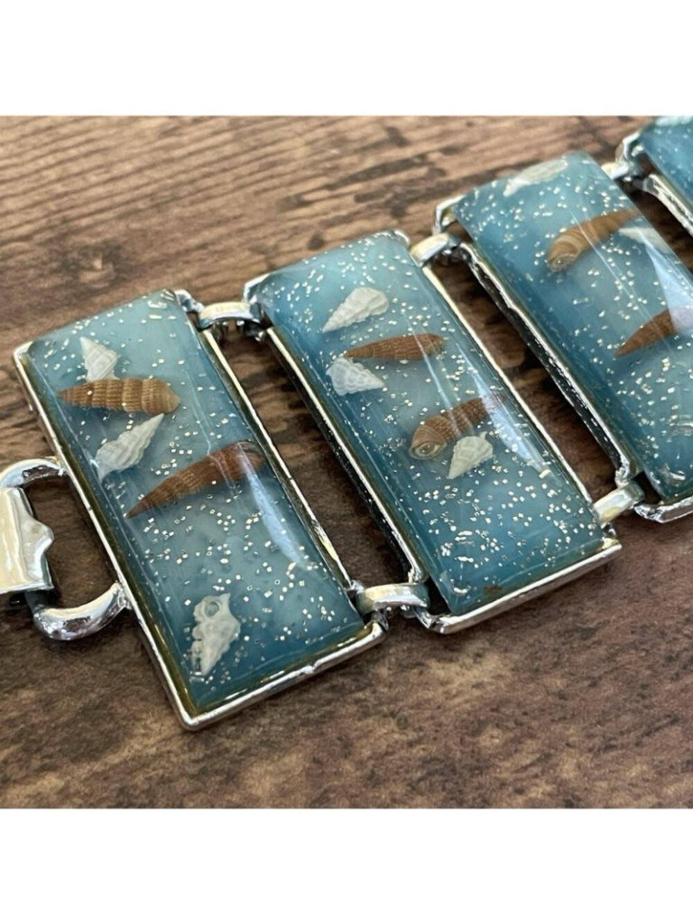 Vintage 1950s Panel Bracelet Blue Confetti Lucite Seashells Silver Tone Wide - Picture 8 of 16
